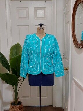 RAFAEL Turquoise Floral Quilted Blazer with White Piping